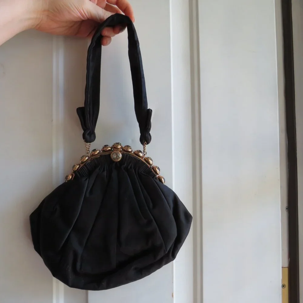 Vintage 1950s Black Satin Pouf Bag with Jeweled Frame Evening Bag Formal Costume